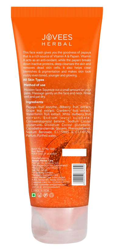Jovees Herbal Papaya Face Wash For Glowing and Clear Skin with Papaya & Bilberry fruit Ext | Gentle Cleanser For Brightens Skin, Removes Pigmentation & Dark Spots | Suitable For All Skin Types - 50ml